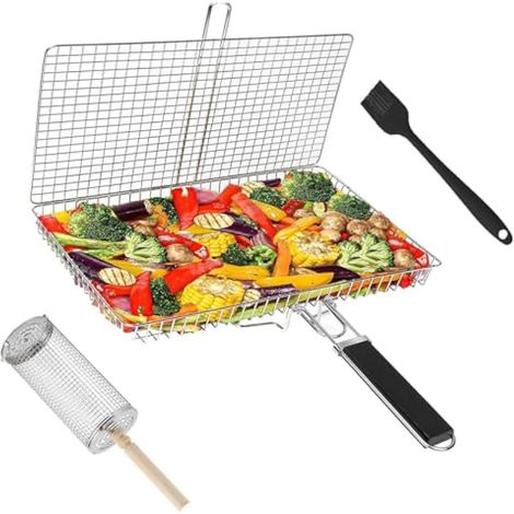 Panier à Barbecue Roulant, Panier de Gril Roulant en Acier Inoxydable Poignée Détachable Grille de Cuisson Pliable et Portable Accessoires Grille à Legumes pour Poissons Légumes Crevettes (1/5)