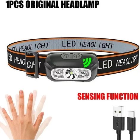 Lampe frontale LED puissante à induction (verte), rechargeable USB/DC, ultra-lumineuse, idéale pour le camping, la pêche et la chasse en extérieur. (1/5)