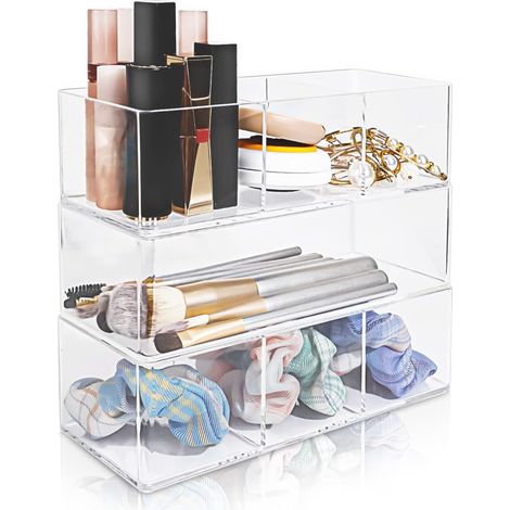 Juego de 3 organizadores de cajones acrílicos con 7 compartimentos: almacenamiento apilable para esmaltes de uñas, maquillaje y accesorios.