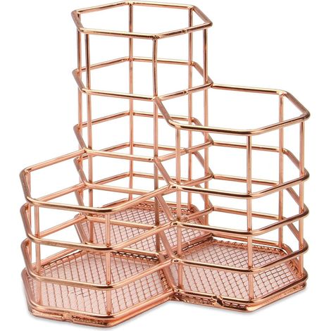 Porte-Crayons - Pot Organisateur Bureau Métal Rose Or - 3 Compartiments Hauteurs Différentes - Pour Stylos Crayons Pinceaux Lunettes - 1 Pièce (1/5)
