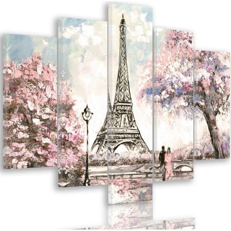 Quadri Quadro 5 pezzi Stampa su tela Torre Eiffel di Parigi pastello - 200x100 (1/5)