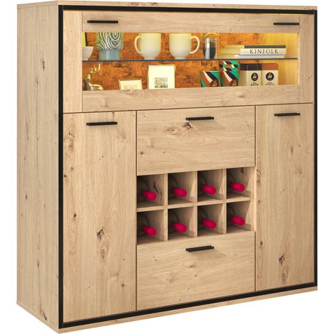 Aparador con 2 Puertas, Botellero y Separador de Vidrio, LED 16 Colores, de Tablero de Partículas, Natural, 110×38×111 cm (1/5)