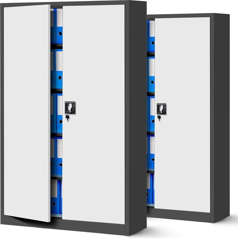 2er Set Aktenschrank C001II Büroschrank Metallschrank Flügeltüren Stahlblech Pulverbeschichtung 185 cm x 115 cm x 40 cm (anthrazit/weiß) (1/5)