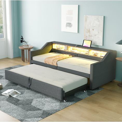 Lit canapé rembourré gris foncé 90/180x200 cm, gigogne, tête de lit, USB et LED