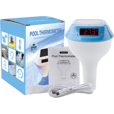 Pool Thermometer with Dual Charging Modes Solar Charging High Accuracy LED Display RGB Ambient Light Timer Function Child Lock IP68 Waterproof Blue (1/5)