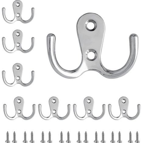Paquete de 8 ganchos de pared de doble cabezal, de metal plateado, adecuados para colgar ropa y toallas en baños y dormitorios. (1/5)