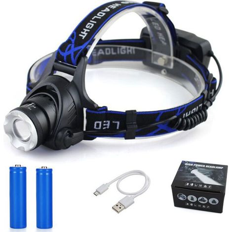 Lampe Frontale, Lampe Torche LED Rechargeable, Lampe Frontale 10000LM avec 3 Modes d’Eclairage avec Câble USB 2 Piles 18650 avec Voyant Lumineux pour Camping/Pêche/Escalade (1/5)
