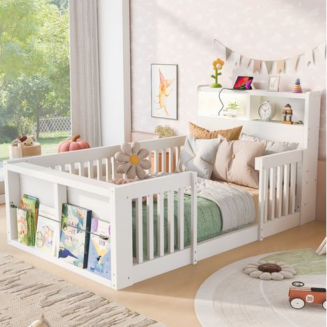 Letto bambino 90x190 cm con sponde alte, porta USB, luce notturna e contenitore, struttura stabile in legno - bianco (1/5)