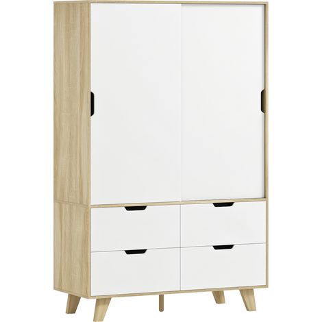 HOMCOM armario dormitorio moderno con puertas correderas, barra para colgar, estantes ajustables y 4 cajones, 120x50x187,5 cm, roble y blanco (1/5)