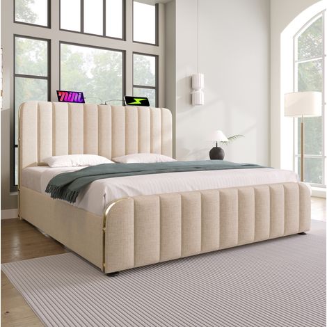 Cama doble tapizada 140x200 cm con almacenaje hidráulico, USB-C y colchón H3 beige OKWISH (1/5)