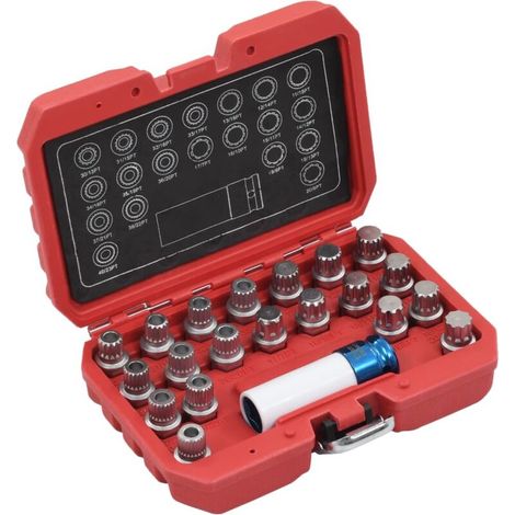 Jeu de douilles de verrouillage de jante 21 pcs – Acier chrome-molybdène – Entraînement hexagonal 17 mm – 19 douilles de démontage (1/5)