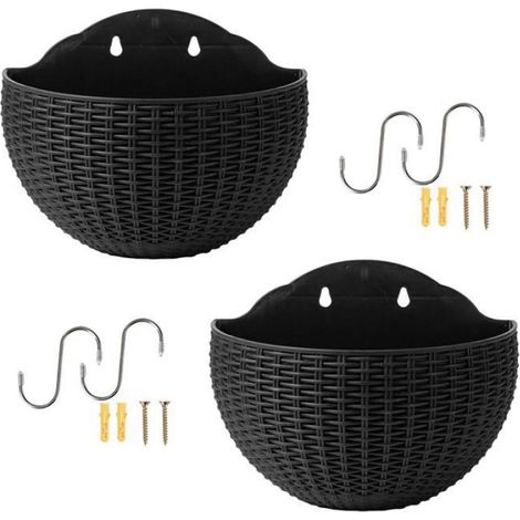 Lot de 2 Pots de Fleurs muraux en Imitation rotin pour d'extérieur, Demi-Cercle avec Trou de Drainage et Crochets, Support de (1/4)