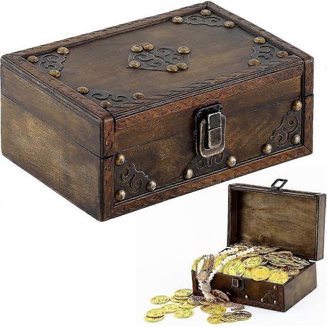 Holzschatzkiste mit Klappdeckel zur Aufbewahrung von Schmuck, Münzen und kleinen rustikalen Dekorationsgegenständen, ideal für den Tisch oder das Zuhause. (1/5)