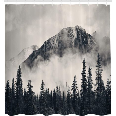 Rideau de Douche - Montagne Nature Brume - 180 x 200 cm - Lavable - Anti Moisissure - Imperméable - avec 12 Anneaux - Gris Noir Blanc (1/5)