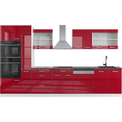 Ligne de cuisine R-Line, rouge brillant/blanc, 350cm avec armoire haute, PT Anthracite, Vicco