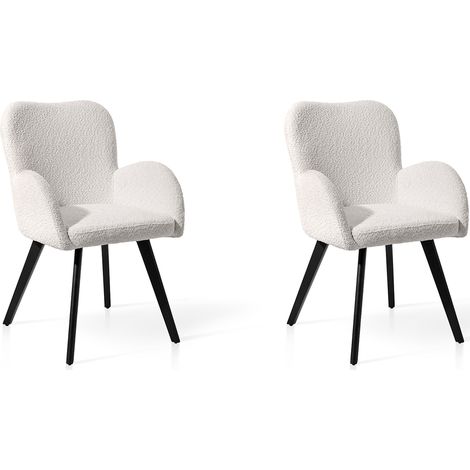 Lot de 2 chaises de salle à manger, Livia en bouclette blanc et métal noir, 88x56x60 cm