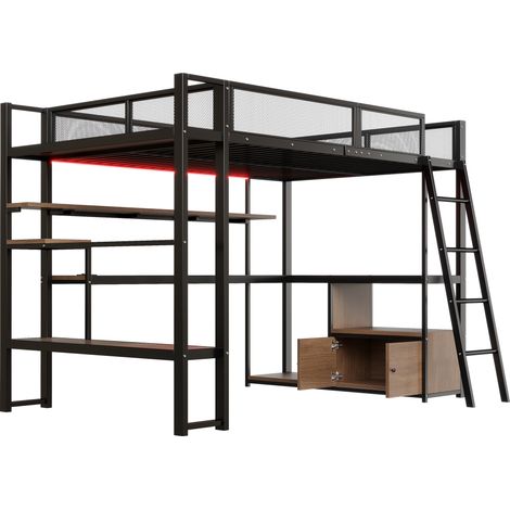 Metall-Hochbett Gaming 140 x 200 cm mit Schreibtisch, LED und Stauraum, schwarz MODENUIT (1/5)