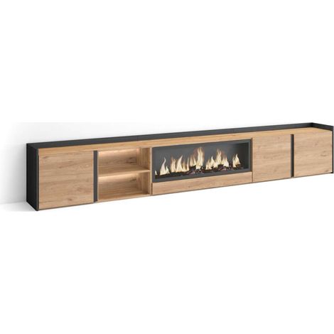 Mueble TV Arriate-02 de 315x50x35 cm con chimenea y luces LED, color roble y negro (1/4)