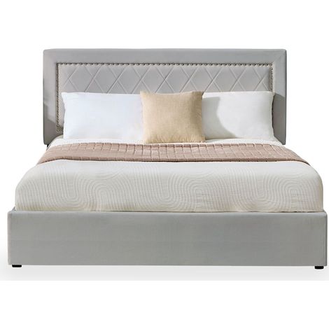 Lit coffre Sandiego avec sommier relevable 140x200cm et tête de lit cloutée Velours Gris clair