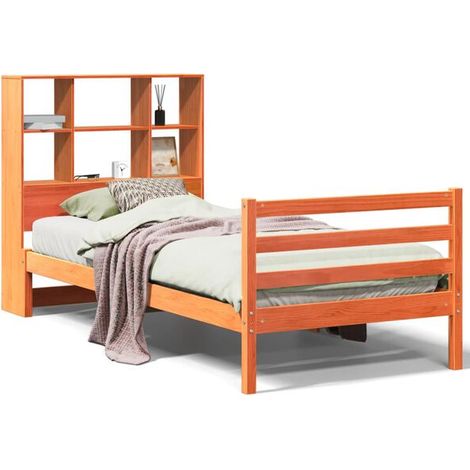 Lit bibliothèque (matelas non inclus), finition cirée marron, 75 x 190 cm, bois massif (1/5)