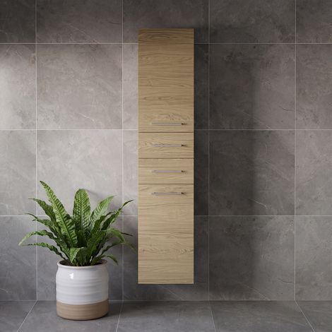 Napoli Light Oak 350mm x 1600mm Wall Mounted Storage Unit - 350mm - Chrome 160mm Handle