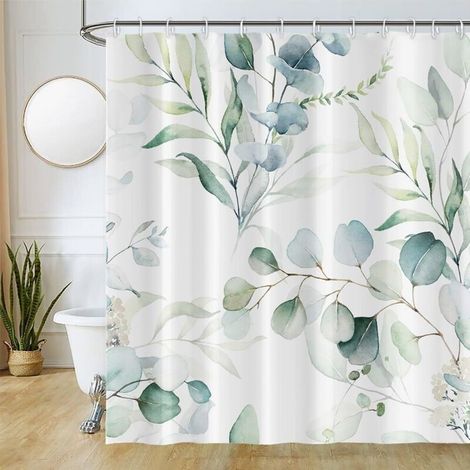 180x200cm Rideau Douche , Rideau de Douche Anti Moisissure Vert Feuilles d'eucalyptus Fleuri Blanc Rideaux de Baignoire Tissu Lavable Imperméable Rideaux Salle de Bain avec 12 Crochets