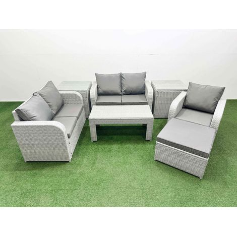 Fimous High Back Poly Rattan Garden Furniture Set with Reclining Chair Loveseat Sofa Oblong Coffee Table Indoor Outdoor Patio Set Big Stool 2 Side Table Light Grey (1/4)