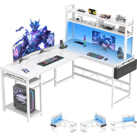 Bureau Gaming d'angle en L avec Rangement, 160x120 cm, Blanc (1/5)