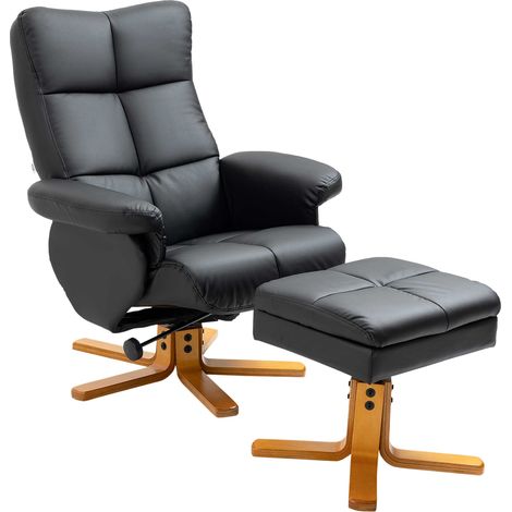 PU Lear Swivel Recliner Chair with Footstool, Wooden Base and Storage for Living Room, Black (1/5)