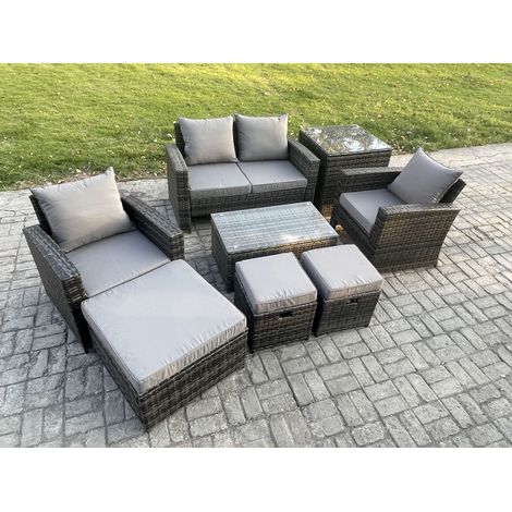 Fimous 7 Seater Outdoor Lounge Sofa Set Wicker PE Rattan Garden Furniture Set with Rectangular Coffee Table Double Seat Sofa 3 Footstools Side Table Dark Grey Mixed (1/5)