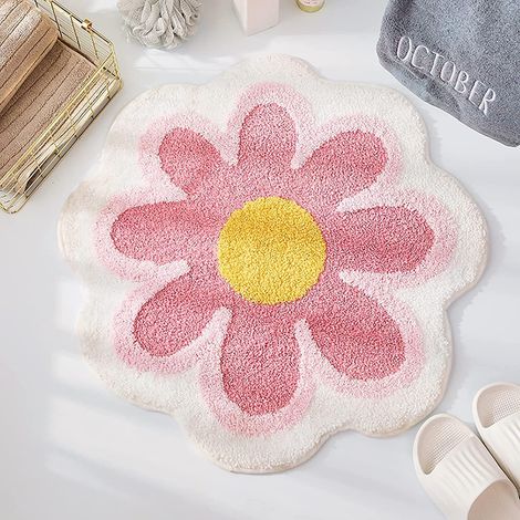 APEX Tapis de bain antidérapant - Motif floral rose - Tapis de douche - 60 x 60 cm - Douce imitation laine polaire (1/5)