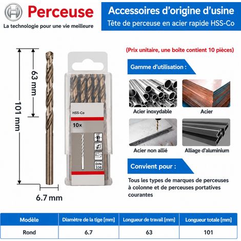 Foret hélicoïdal HSS-Co 6.7mm diamètre 6.7mm pour métaux 1 pièce paramètre 34 paramètre 9.7 1 × 1 × 1 cm 1 g – Livraison gratuite