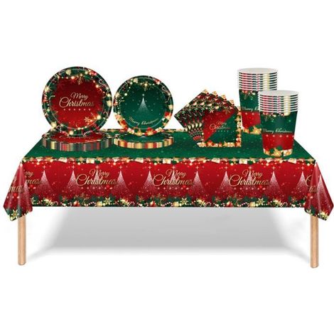 69 Pièces Noël Vaisselle de Fête,Assiettes Carton Jetable Tasses Serviettesr en Papier et Nappe Plastique,Decoration Célébrer Noël (1/5)