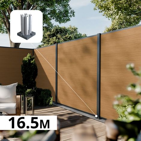Kit Clôture Composite sur Muret CRUZ Cèdre 16,50x1,8m - Bois composite & Aluminium - Poteaux sur Platines Gris Anthracite - Brise vue