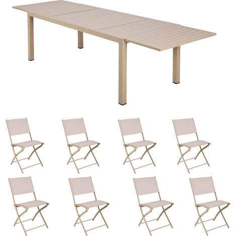 Ensemble table de jardin 200/300cm + 8 chaises crème - DINAN