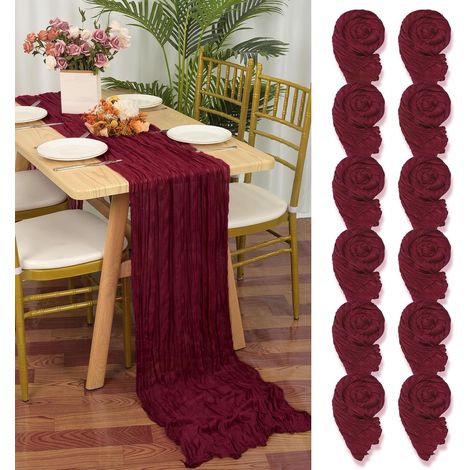 Lot de 12 chemins de table en gaze bourgogne, 55x300cm, tissu rustique pour mariage. (1/5)