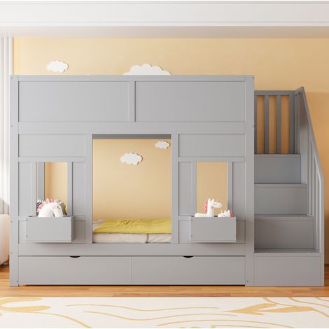 DESVIAE Lit mezzanine enfant avec escalier de rangement et tiroirs 90 x 200 cm gris bois avec fenêtres et garde corps (1/4)