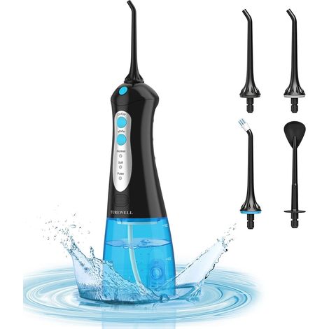 Hydropulseur dentaire sans fil portable pour nettoyeur de dents, 3 modes et 6 embouts de jet IPX7, étanche à l'eau, 300 ml pour la maison et les voyages (Noir) (1/5)