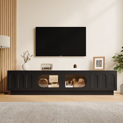 Meuble TV 200 cm, Meuble Télé avec LED Contrôle App, Banc TV 4 Portes Verre et Relief Arqué, Passe-Câbles, Style Moderne, pour Salon, Noir (1/5)