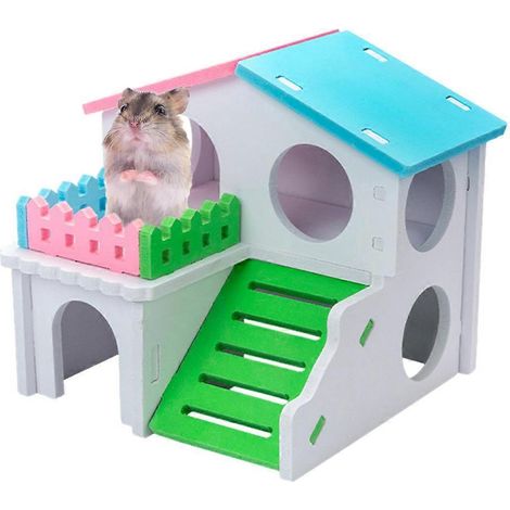 Maison en bois pour hamster, nidification, habitat pour petits animaux, cabane colorée pour jouer, 2 étages (1/4)