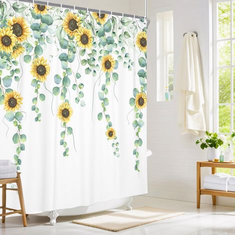 Rideau de douche motif feuilles d'eucalyptus vertes, tournesol jaune ferme, rideau décoratif pour salle de bain, ensemble de rideaux de douche en tissu blanc, motif floral botanique, motif floral (1/5)