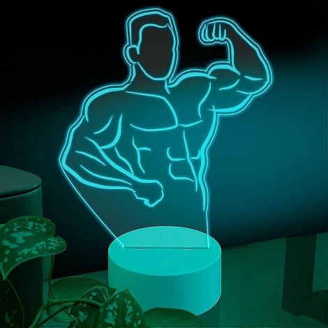 3D-LED-Tischleuchte fürs Fitnessstudio, muskulöser Mann in Powerpose, optischer Effekt auf Acrylglasplatte (1/4)