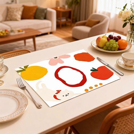 Lot de 4 sets de table/dessous de verre/nappes en lin imprimés à plat, ornés de jolis motifs d'animaux peints à la main. Idéaux pour les repas de fête et autres occasions spéciales. (1/5)