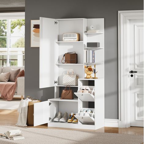 Meuble d'entrée chaussure avec miroir, 5 niches ouvertes et 2 portes, armoire haute blanche compacte 85 x 40 x 180 cm, en panneau de particules - CHICFURN (1/5)