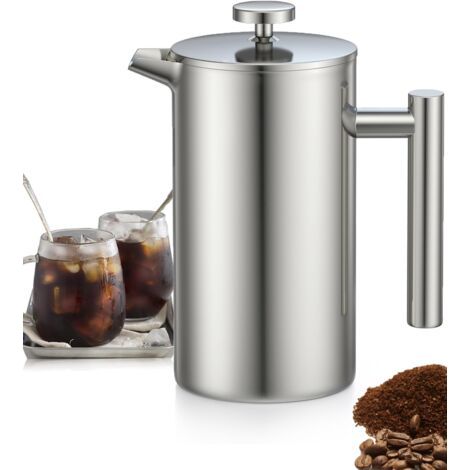 1L Edelstahl French Press Kaffeemaschine, French Press mit Dreifachfiltern, French Press mit Warmhaltefunktion und Stahlkolben (1/5)