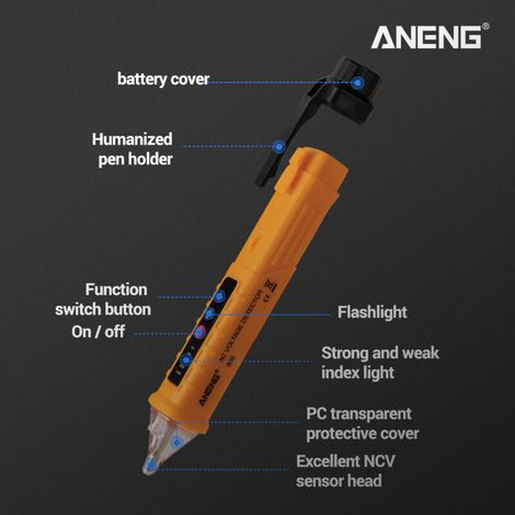ANENG VD802 Non-Contact AC Voltage Tester, 12V-1000V, Pen Style, Electrical Indicator, LED Output Sensor, with (1/5)
