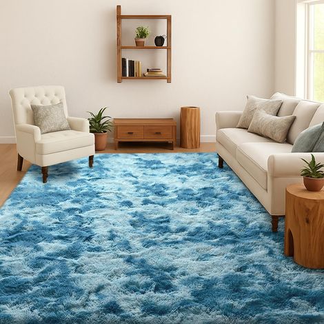 Tapis Shaggy Salon Chambre Poils Longs, Bleu, 90x150 cm Tie-Dye, Doux et moelleux, Antidérapant, Lavable en machine, Pour chambre d’enfant, chevet, salle de jeux, dortoir, bureau (1/5)