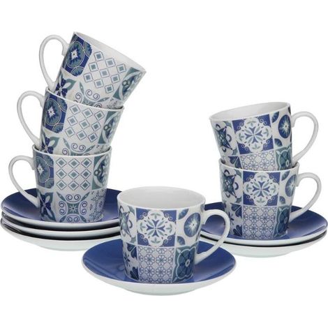 VERSA tazas porcelana te azurita 220 ml , Juego de 6 tazas de té Azurita de 220 ml, un conjunto elegante en porcelana con diseño mediterráneo que aporta un toque decorativo y fresc