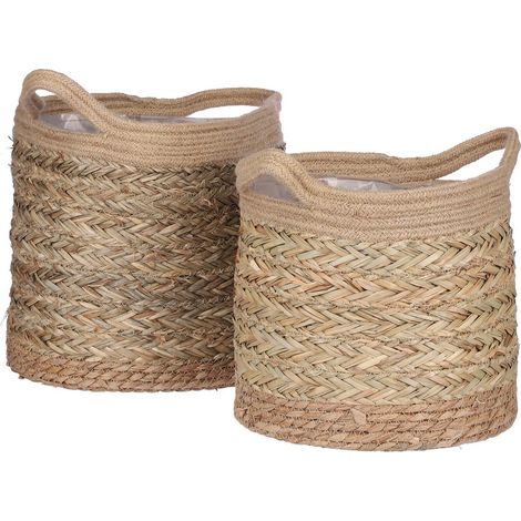 Lot de 2 Paniers à Plantes Anne Motif Chevrons Marron Clair en Matériau Naturel H28/H24 cm - PANGIVO (1/5)