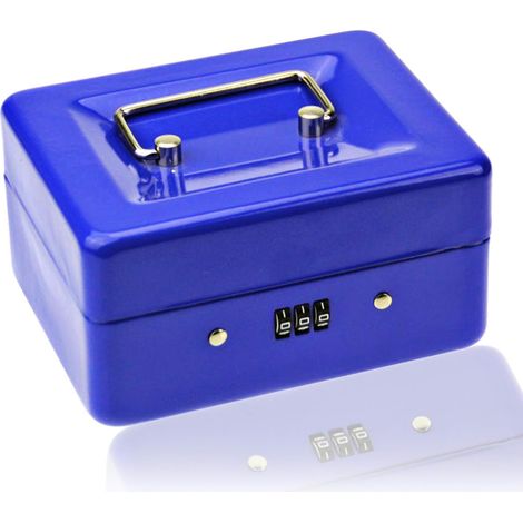 Cassetta portavalori piccola con lucchetto a combinazione - Cassetta portavalori in metallo resistente con vassoio portadenaro, 15×12×8 cm (blu, piccola)
